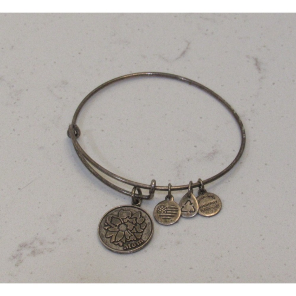 Silver Tone Alex and Ani Charm Bangle Bracelet Mom 2016 Flower Floral READ - Picture 2 of 2